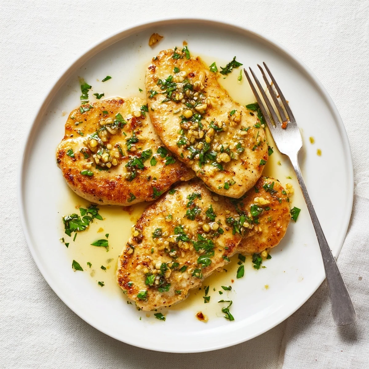 Garlic Butter Chicken rests on a white plate, surrounded by fluffy mashed potatoes and steamed green beans for a complete meal.