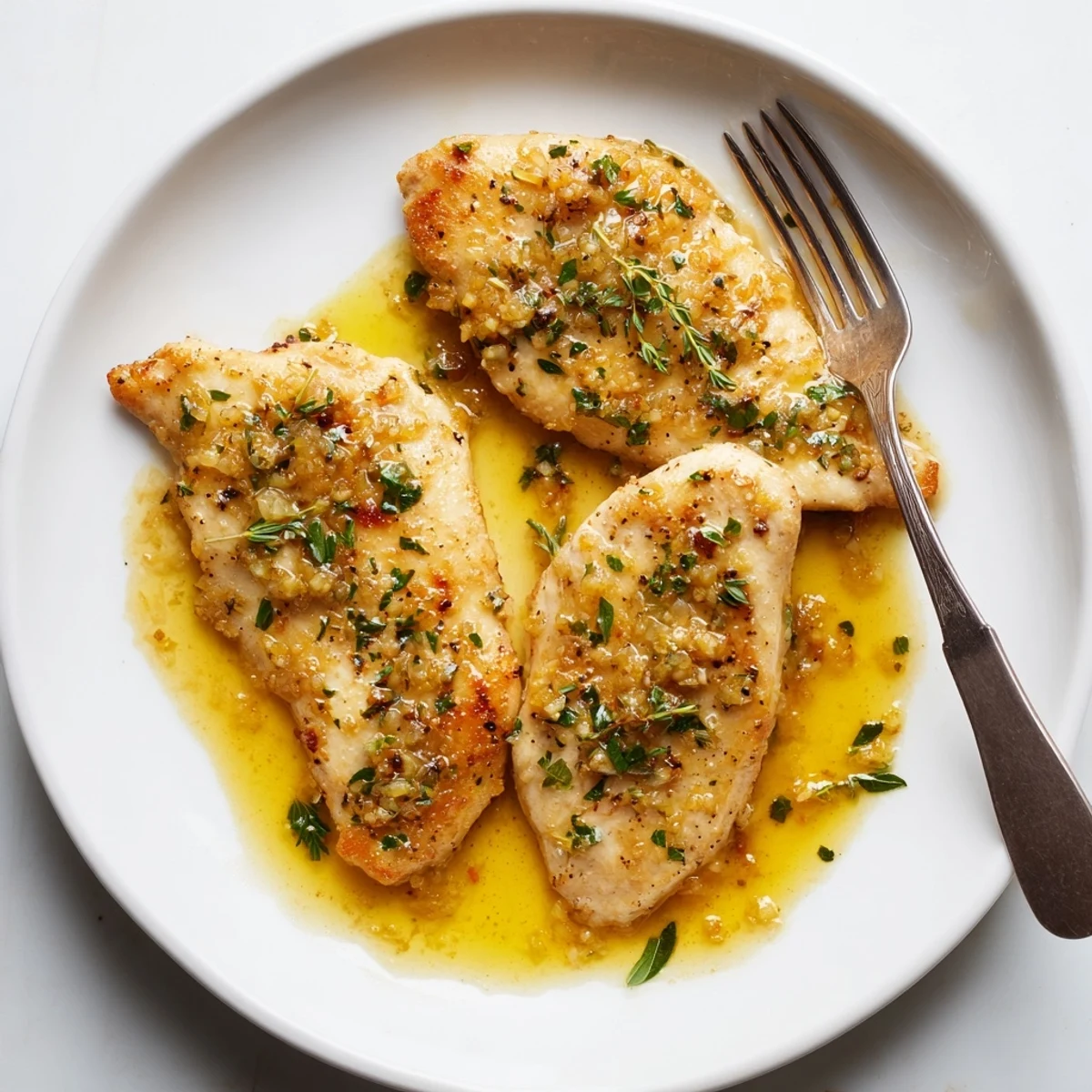 The succulent chicken breasts are coated in a glossy garlic butter sauce with visible thyme and parsley garnish.