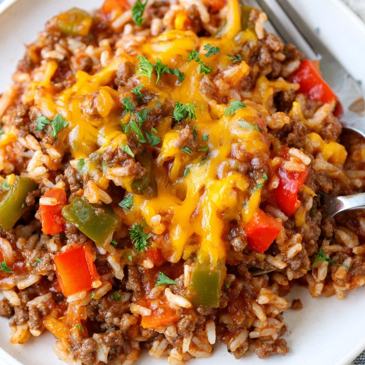 A close-up of Unstuffed Pepper Skillet with melted cheese and fresh parsley garnish on a rustic plate.
