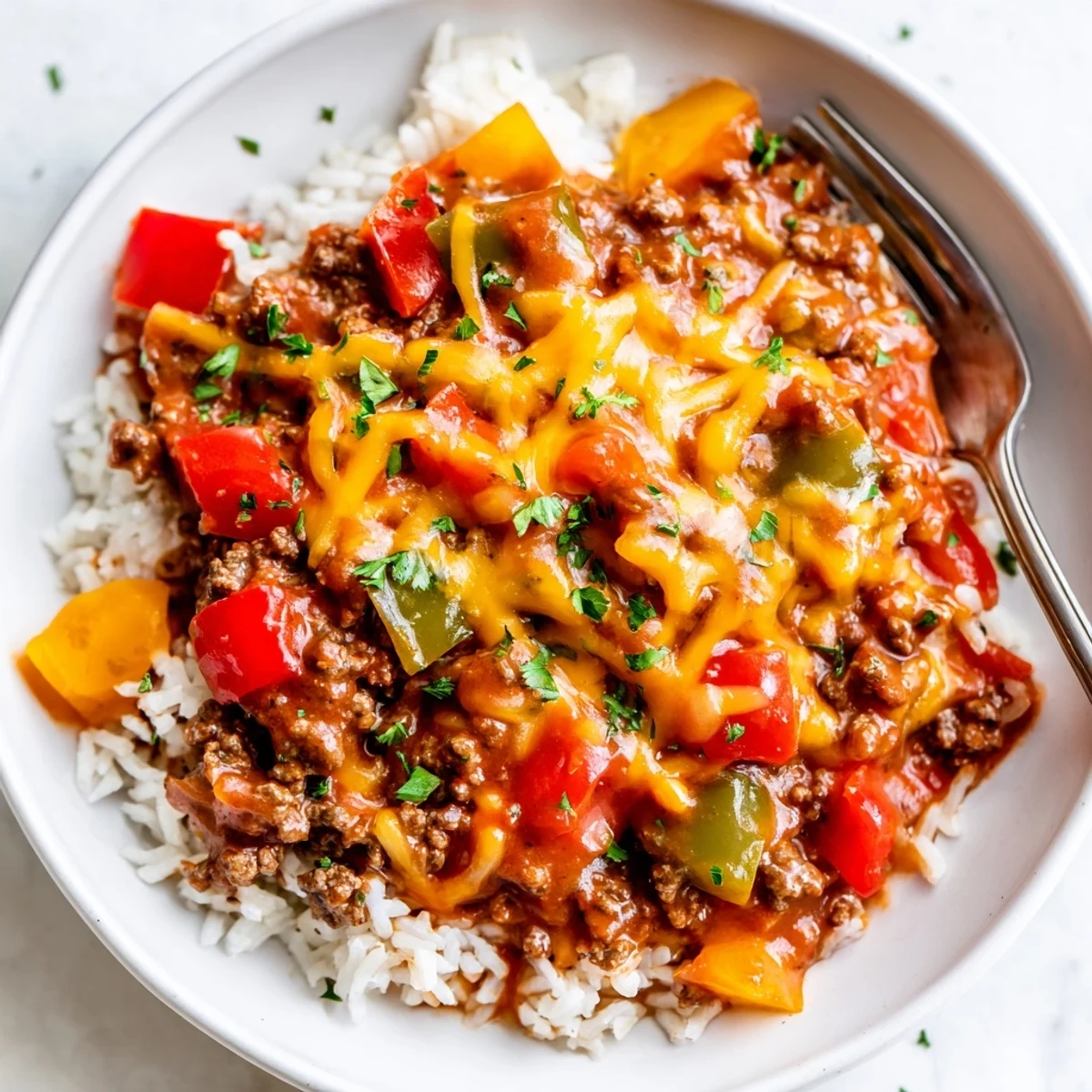 Serving suggestion for Unstuffed Pepper Skillet paired with a crisp side salad on a wooden kitchen table.