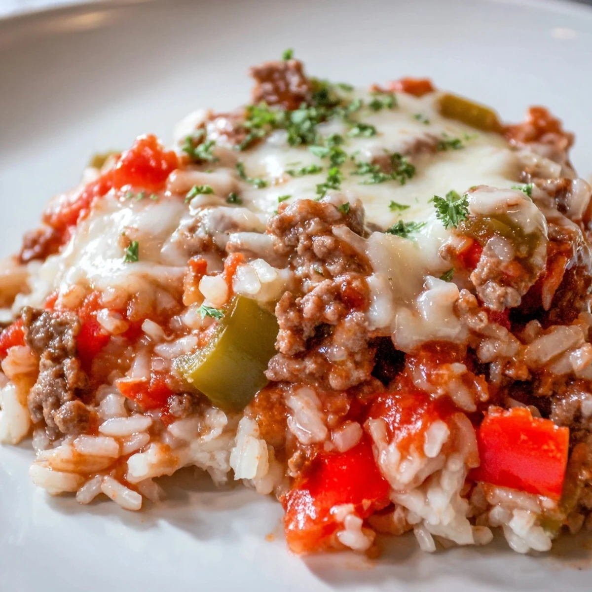 A close-up of Unstuffed Pepper Skillet topped with melted mozzarella and fresh parsley, served hot.