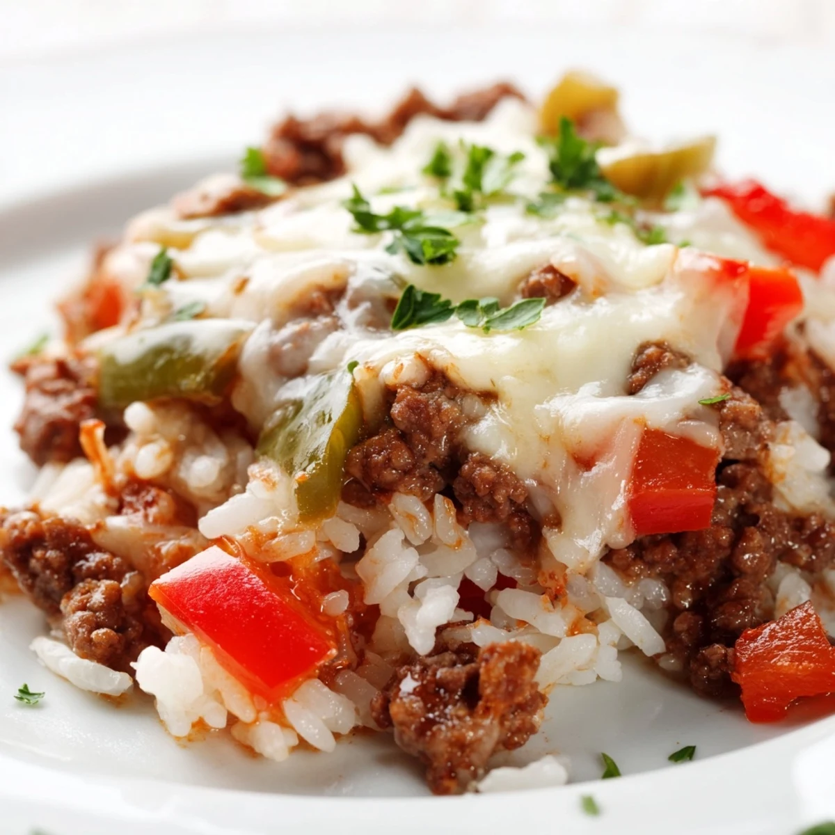 Unstuffed Pepper Skillet in a rustic skillet with ground beef, rice, and diced bell peppers.