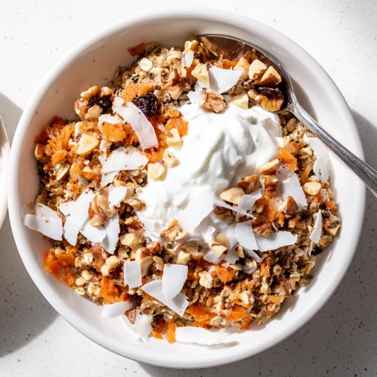 Creamy carrot cake overnight oats layered with shredded carrots, cinnamon, and crunchy walnuts, perfect for a chilled breakfast.  