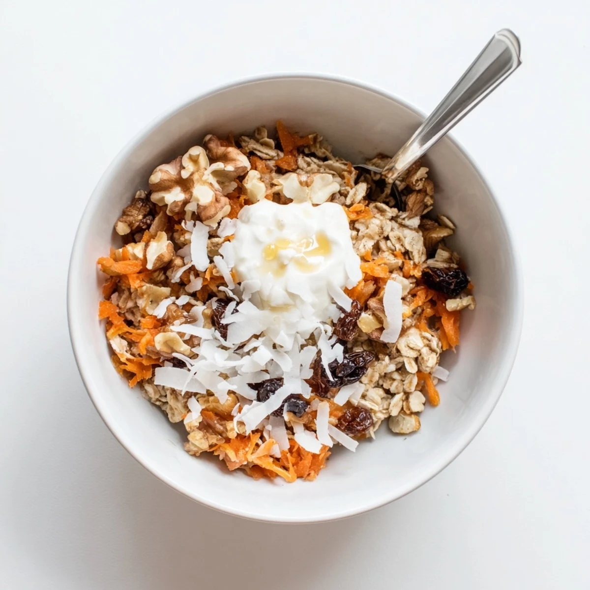 A spoonful of carrot cake overnight oats topped with Greek yogurt, toasted nuts, and a drizzle of maple syrup.  