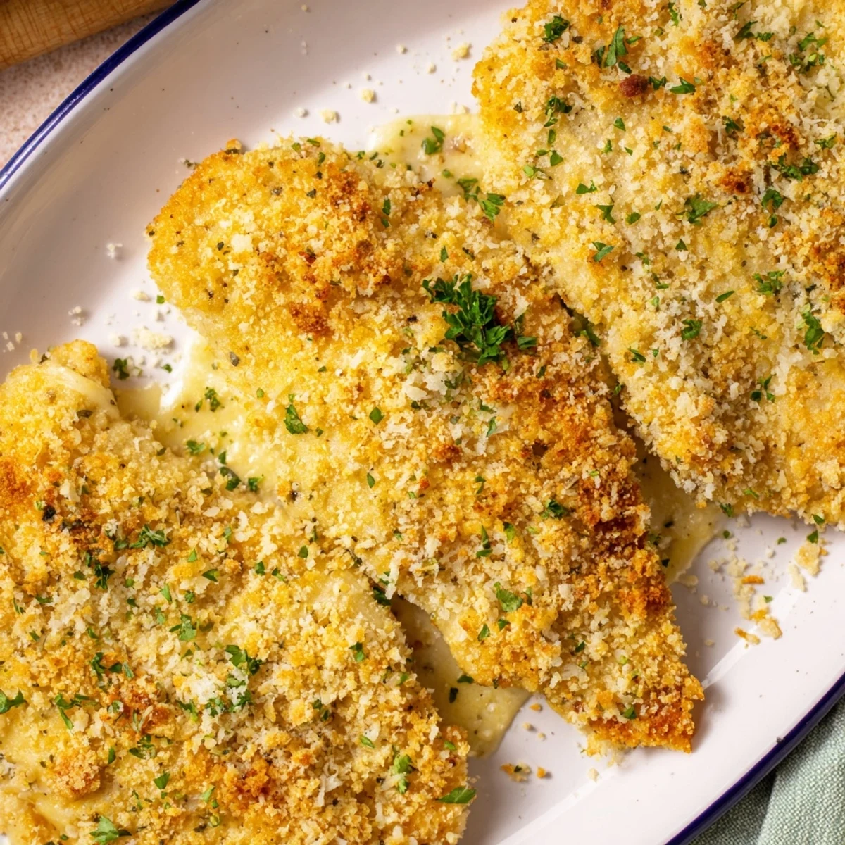 Golden-brown Melt In Your Mouth Chicken breasts rest in a creamy sauce with fresh parsley garnish.