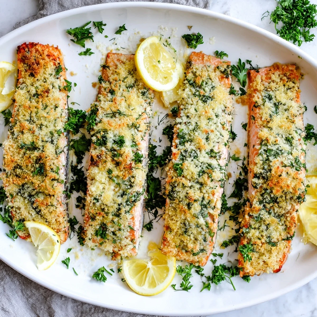 Golden, crispy Parmesan crust tops flaky salmon fillets, served with lemon wedges on a white plate for an easy dinner.