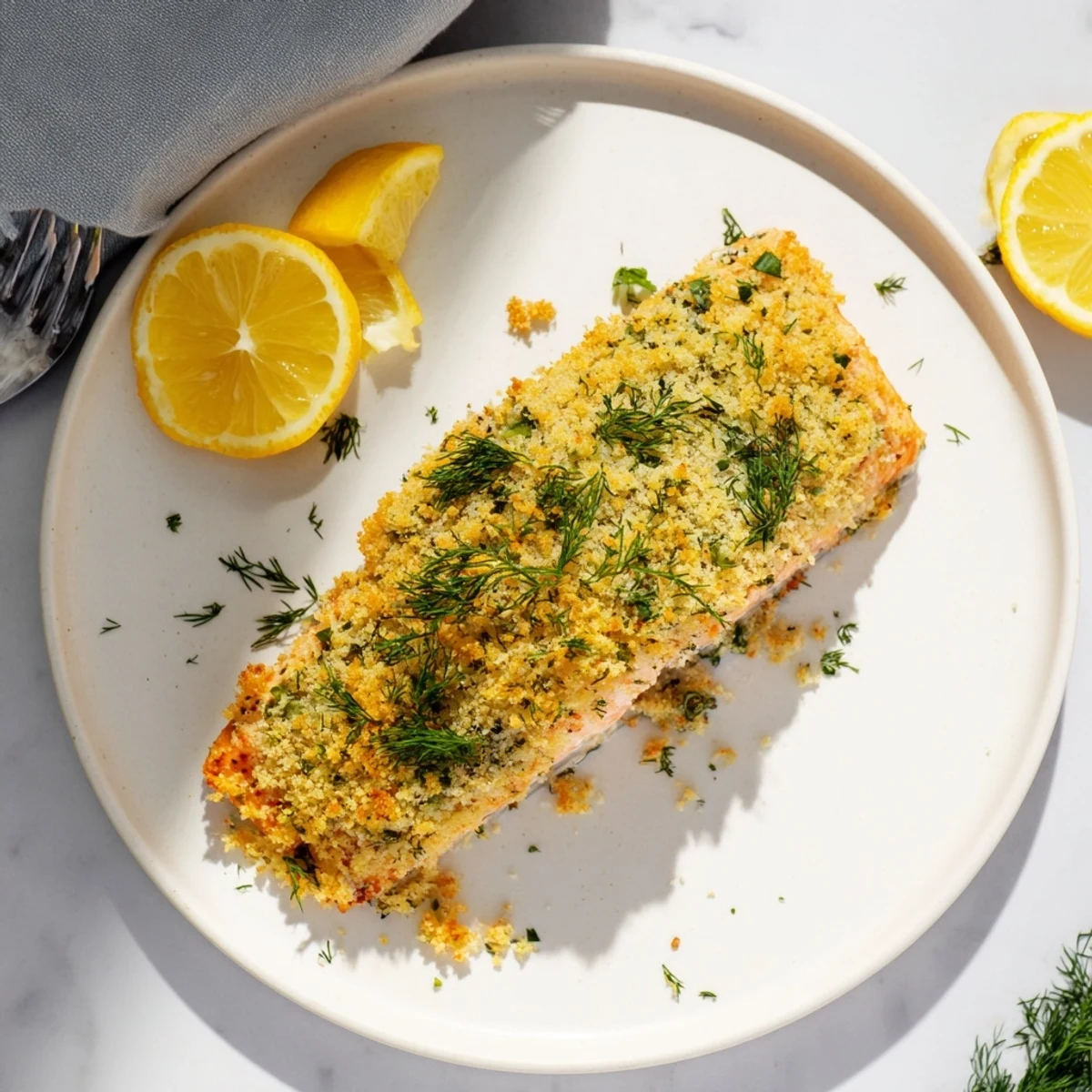 Irresistibly Crispy Parmesan Salmon Bake shows a golden crust on tender salmon with lemon wedges.