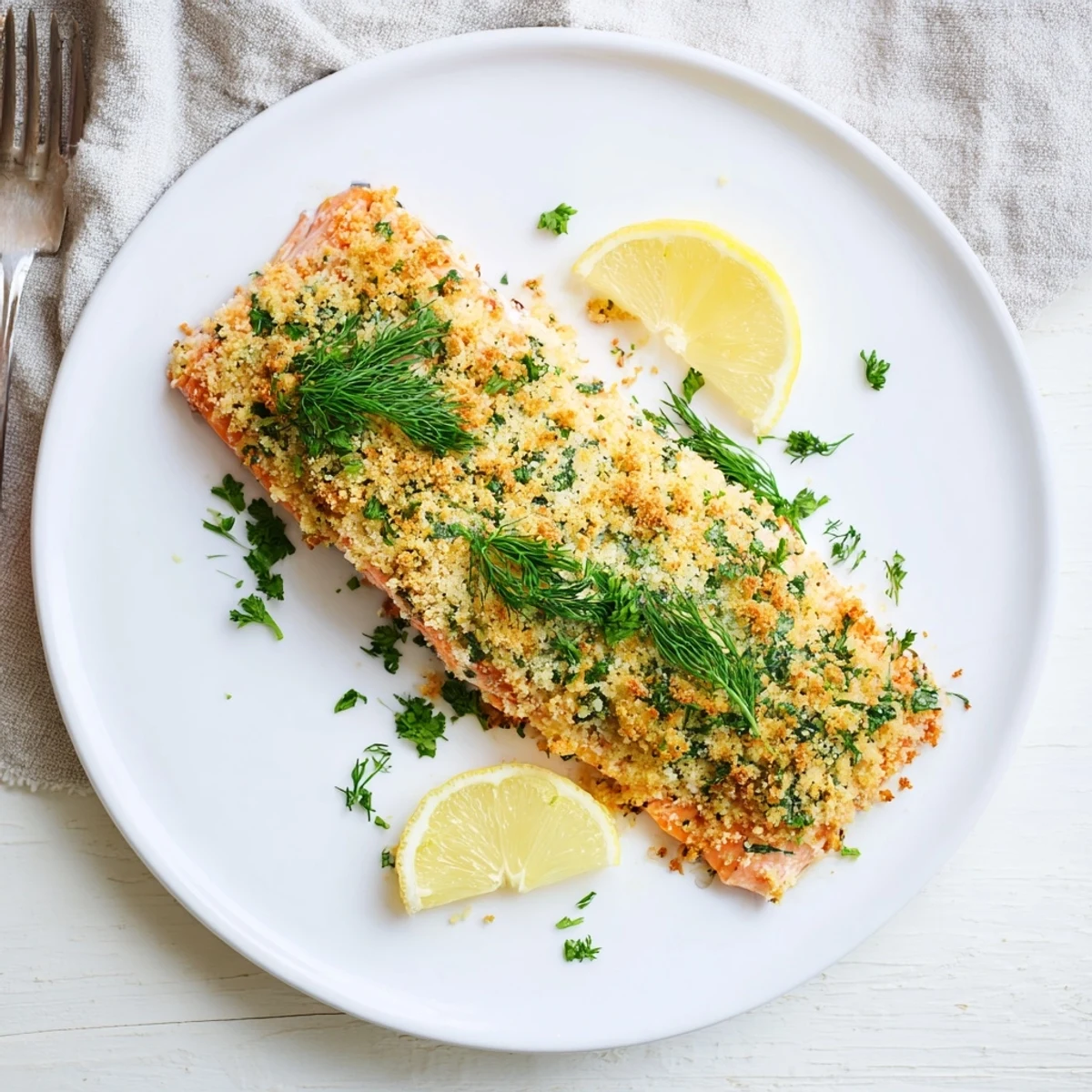 Golden Parmesan crust topping baked salmon fillets with fresh parsley and lemon wedges on a rustic table.