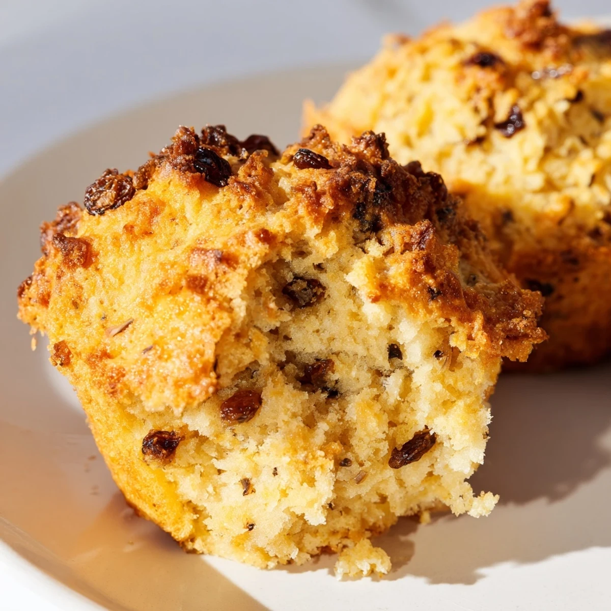 A close-up of golden-brown Irish Soda Bread Muffins showing a crispy crust and soft, crumbly interior studded with raisins.