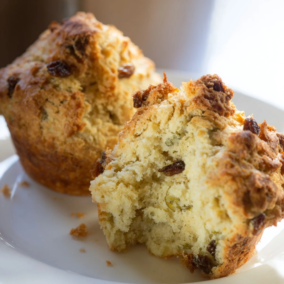 Warm Irish Soda Bread Muffins dusted with flour on a rustic wooden board, highlighting their tender texture and golden tops.