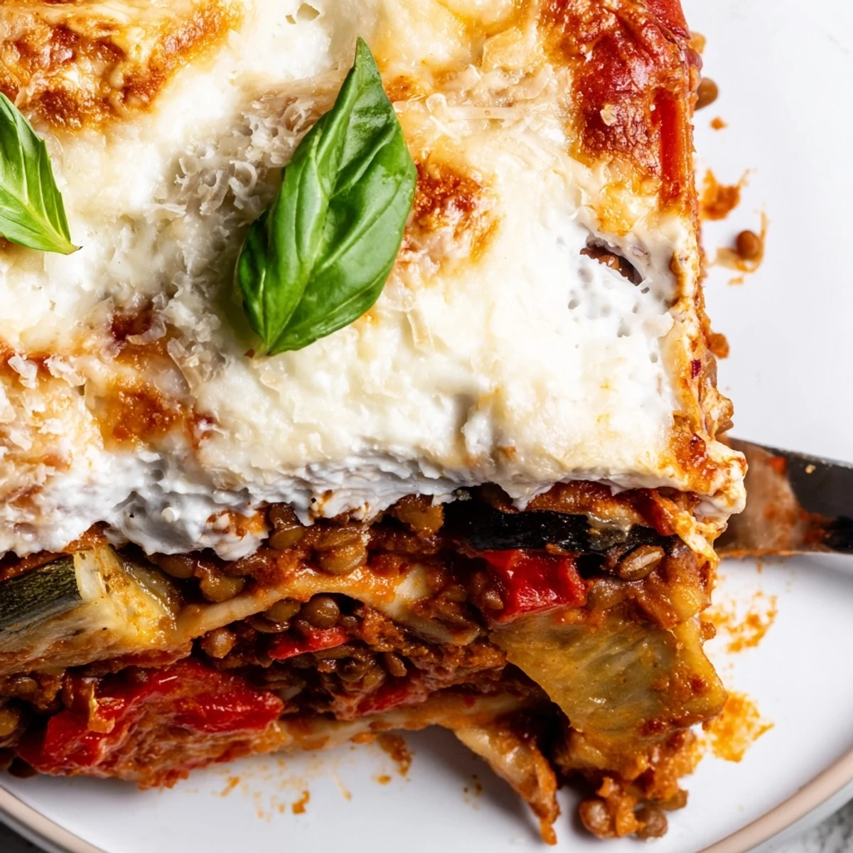 Golden Smoky Veggie Lentil Lasagna bubbling with mozzarella and fresh basil garnish.