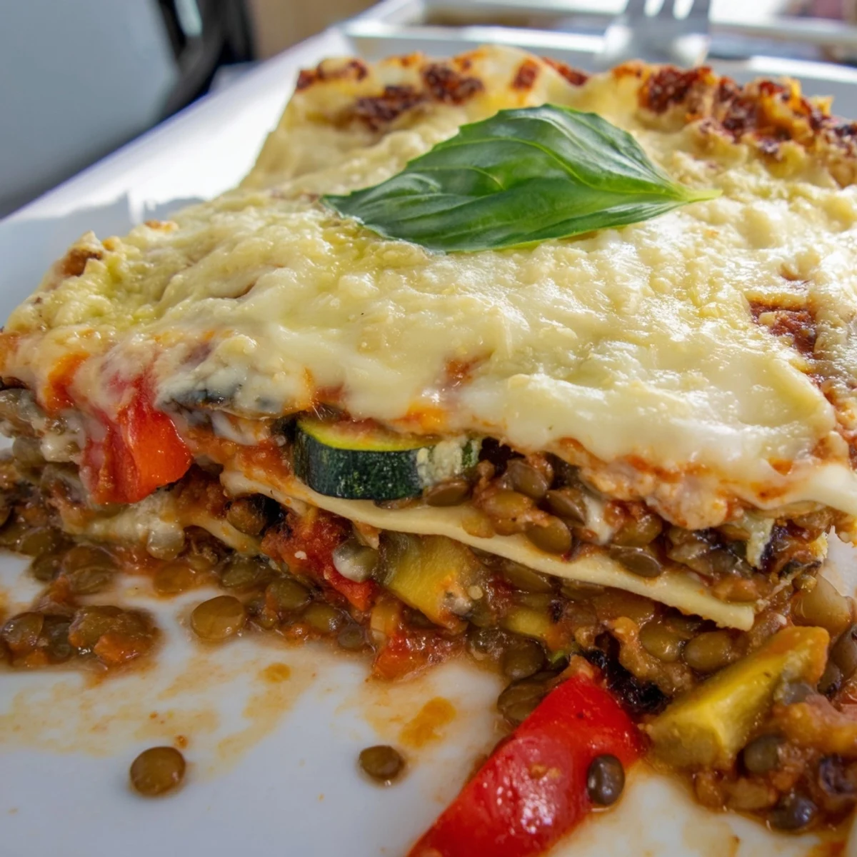 Roasted eggplant and zucchini layered in Smoky Veggie Lentil Lasagna with creamy béchamel.