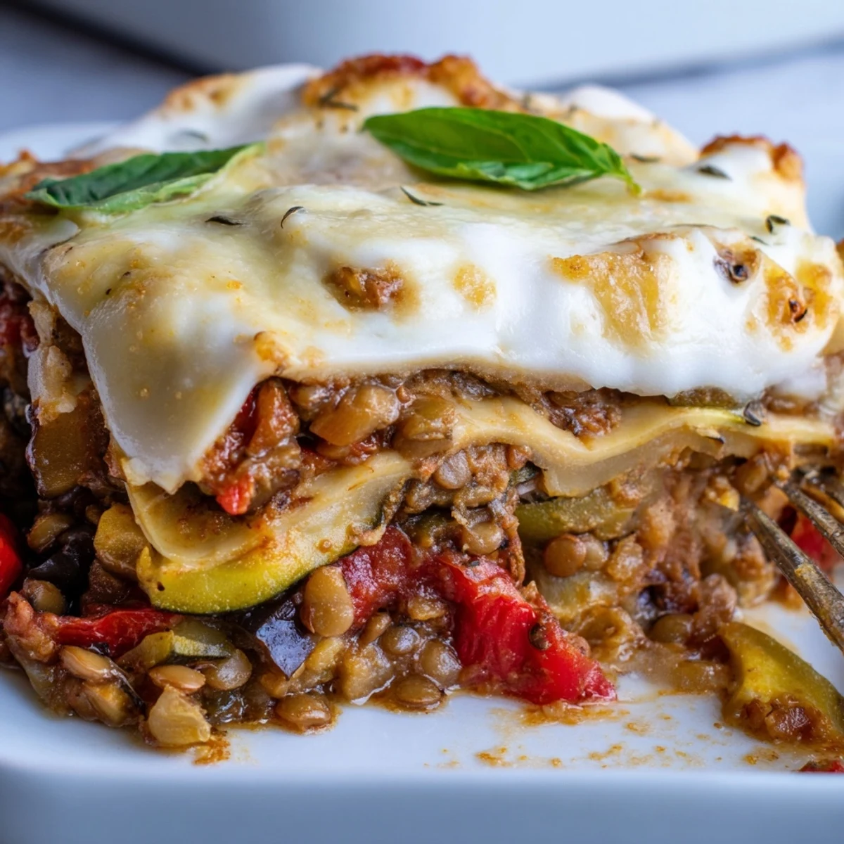 Hearty Smoky Veggie Lentil Lasagna slices served with a crisp side salad.