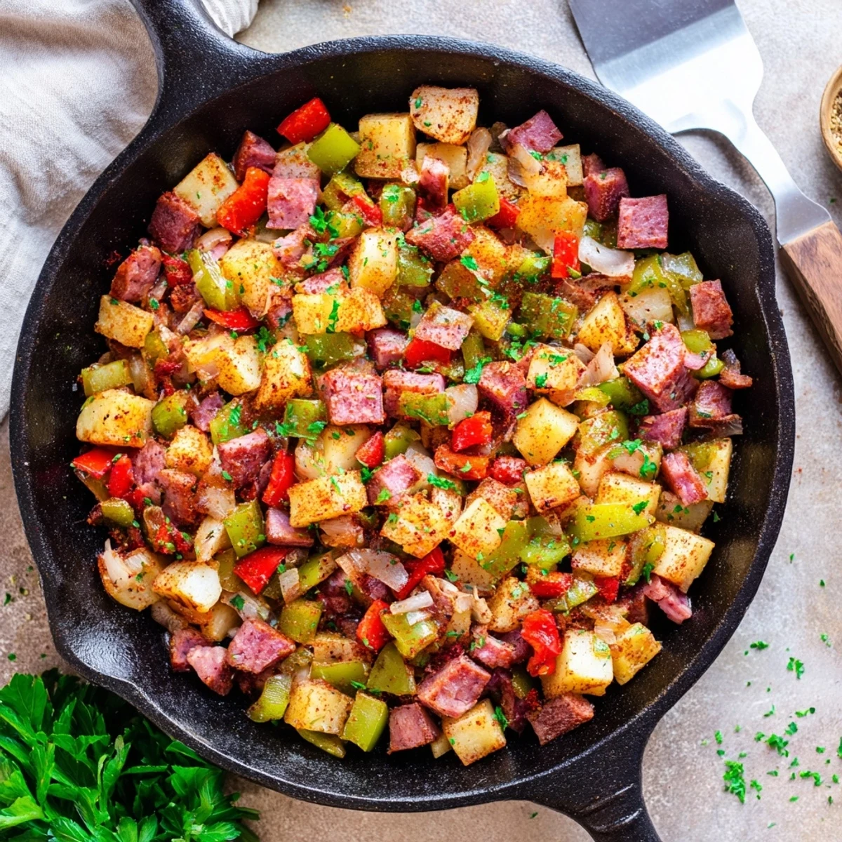 Golden crispy potatoes, savory corned beef, and colorful bell peppers sizzle together in this Corned Beef Hash Skillet.