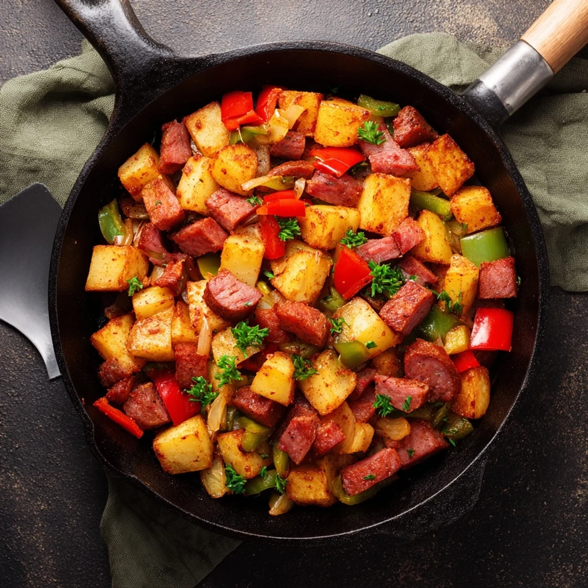 A close-up of Corned Beef Hash Skillet reveals golden potatoes and tender beef with a side of sunny eggs.