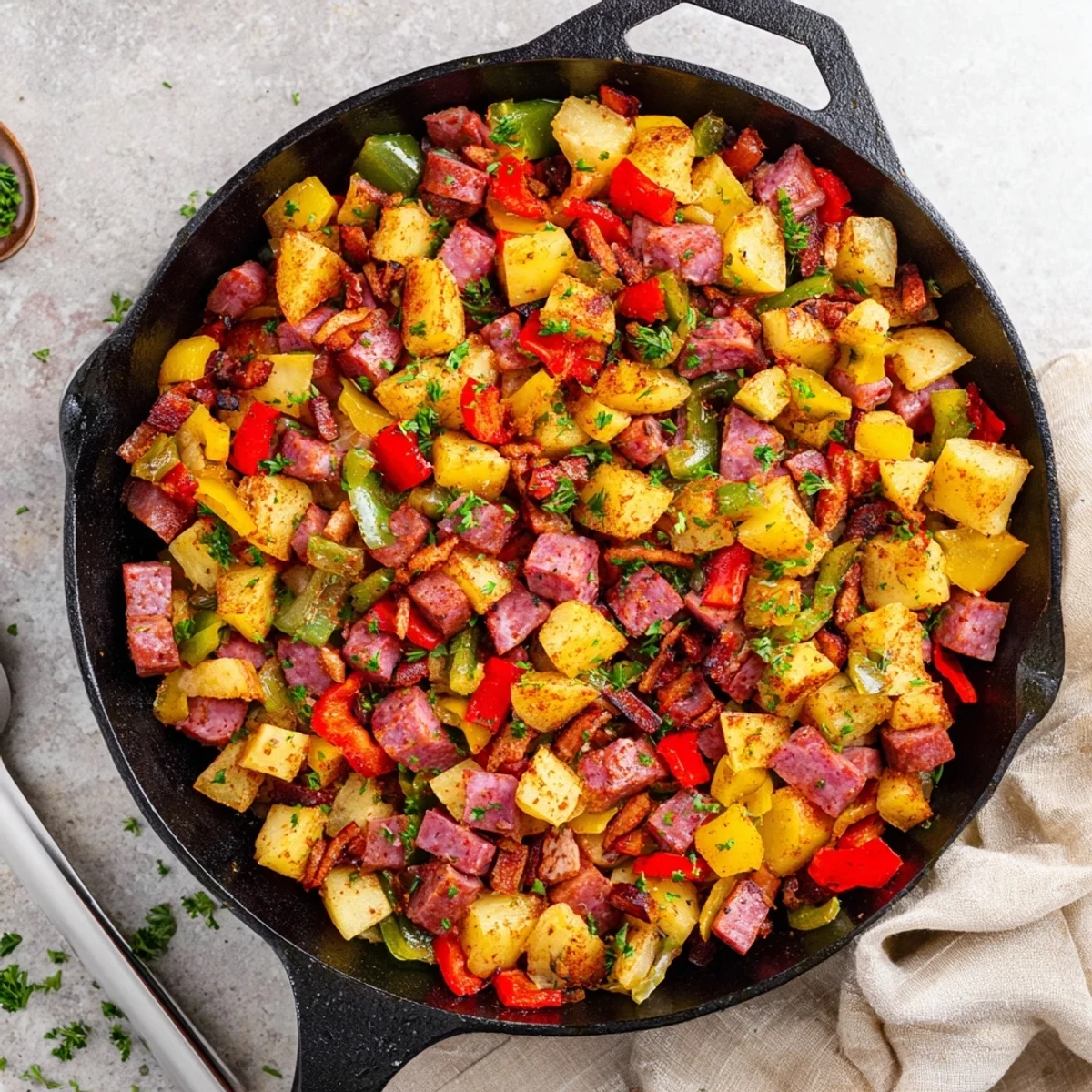 Hearty Corned Beef Hash Skillet served hot with vibrant bell peppers, ready for a satisfying American brunch.