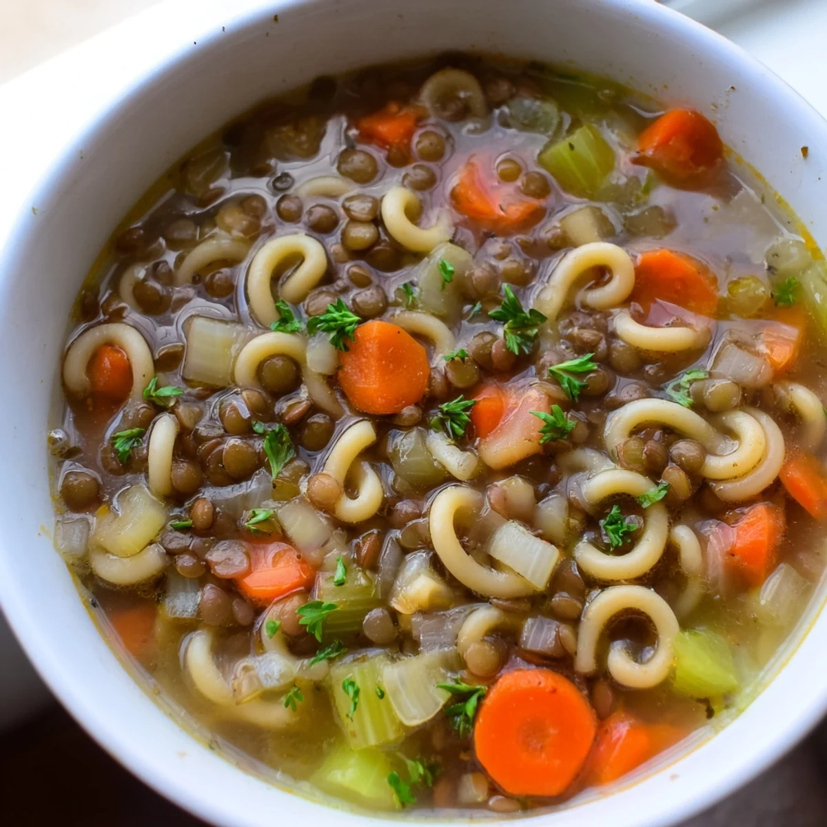 A warm bowl of homemade Lentil Noodle Soup with tender vegetables and fluffy noodles in savory broth.