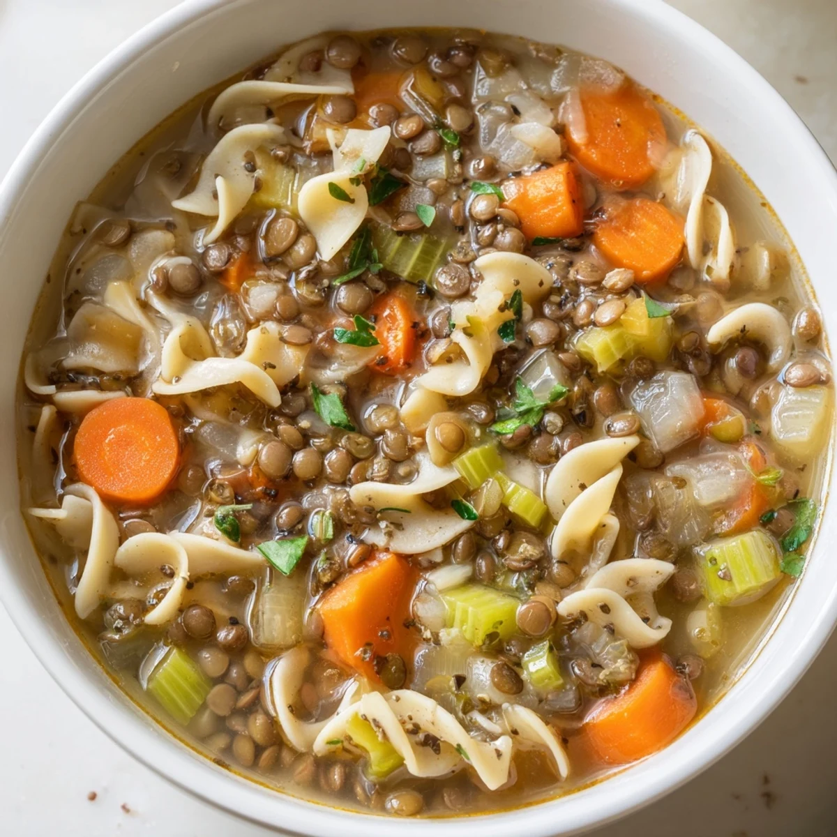 Steaming Lentil Noodle Soup served in a rustic mug beside crusty bread and lemon wedges.
