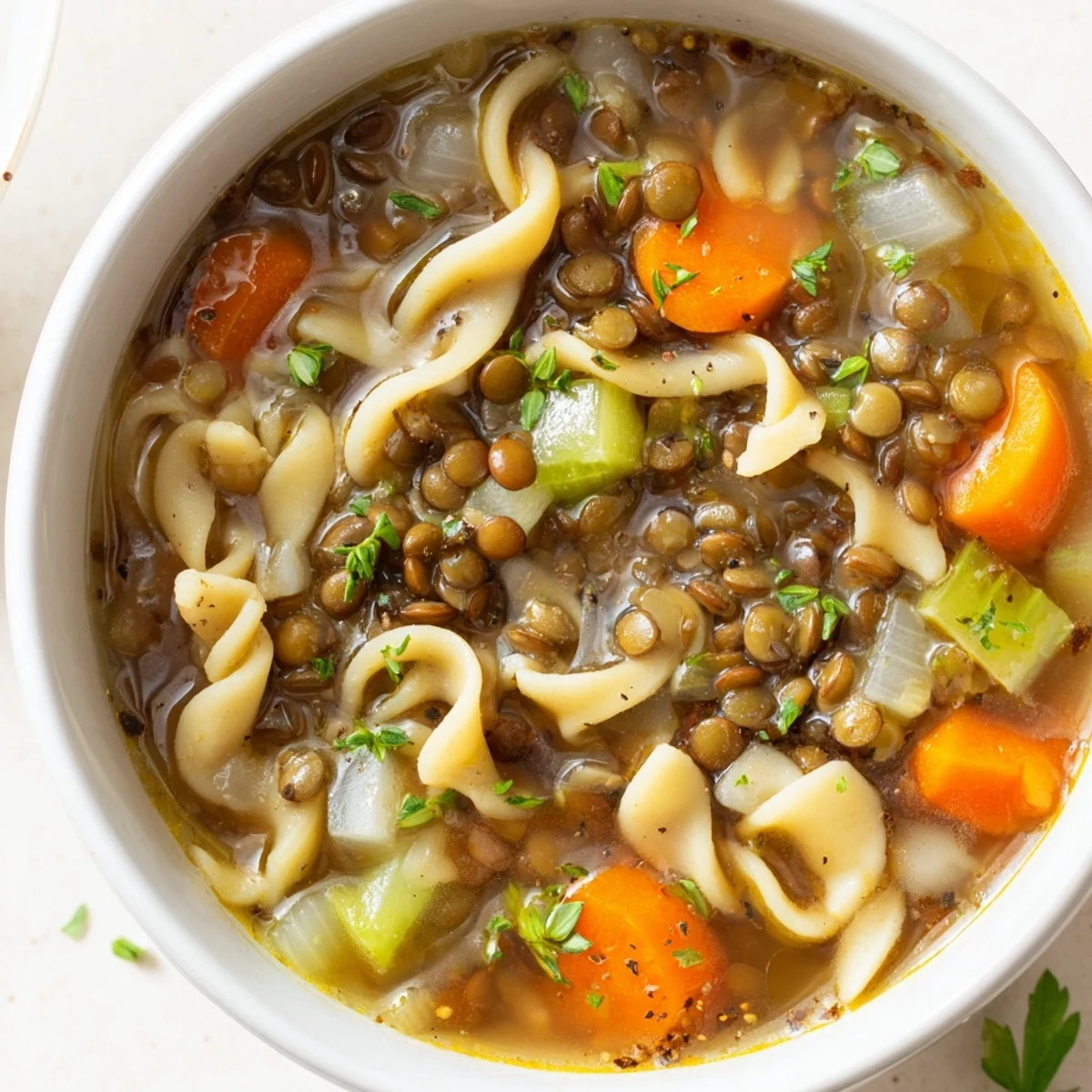 Healthy vegetarian Lentil Noodle Soup featuring carrots, celery, and fresh parsley garnish on a white table.
