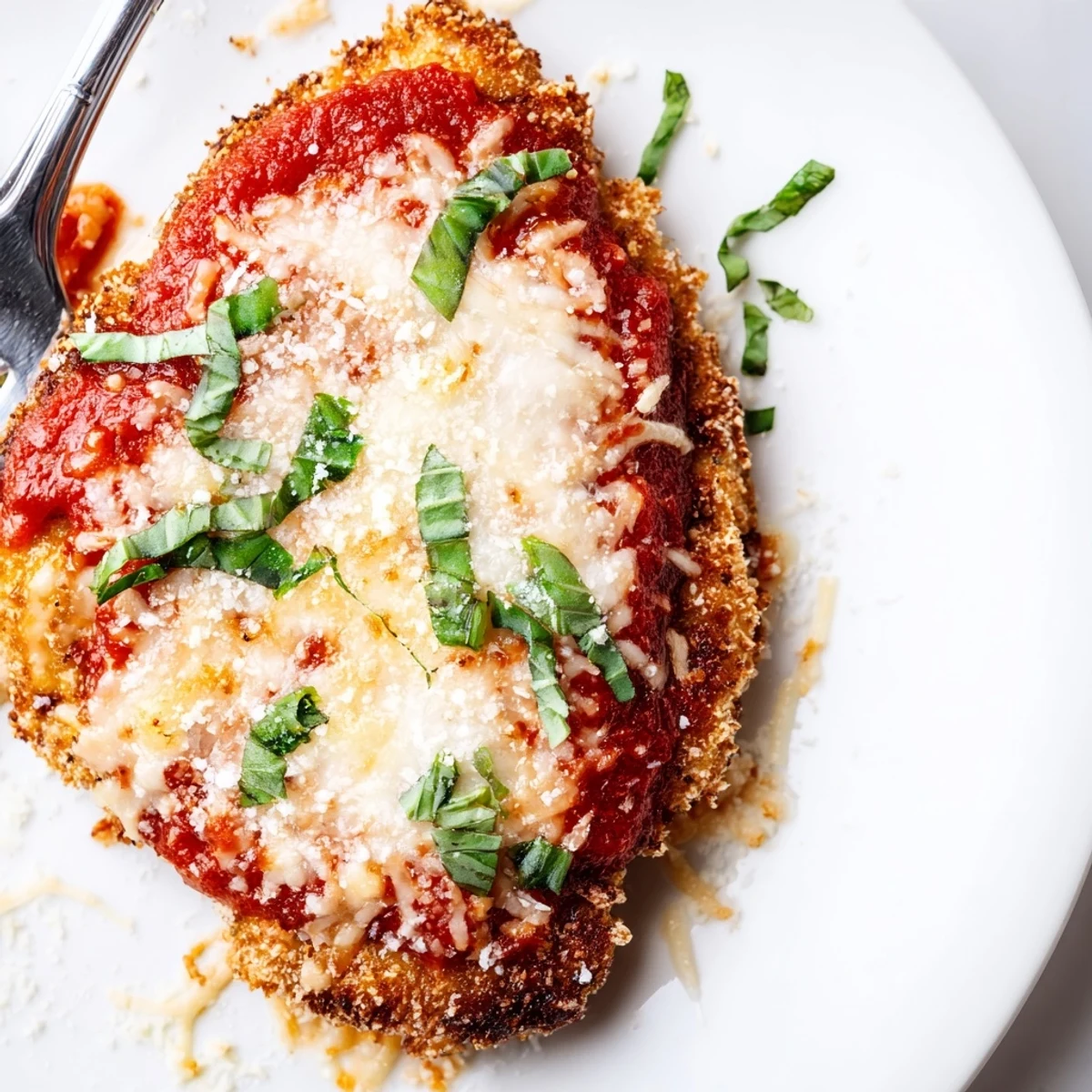 A close-up view shows succulent chicken breasts smothered in sugar-free marinara and topped with melted cheese for a low-carb, gluten-free Amazing 15 Minute Keto Chicken Parmesan meal.