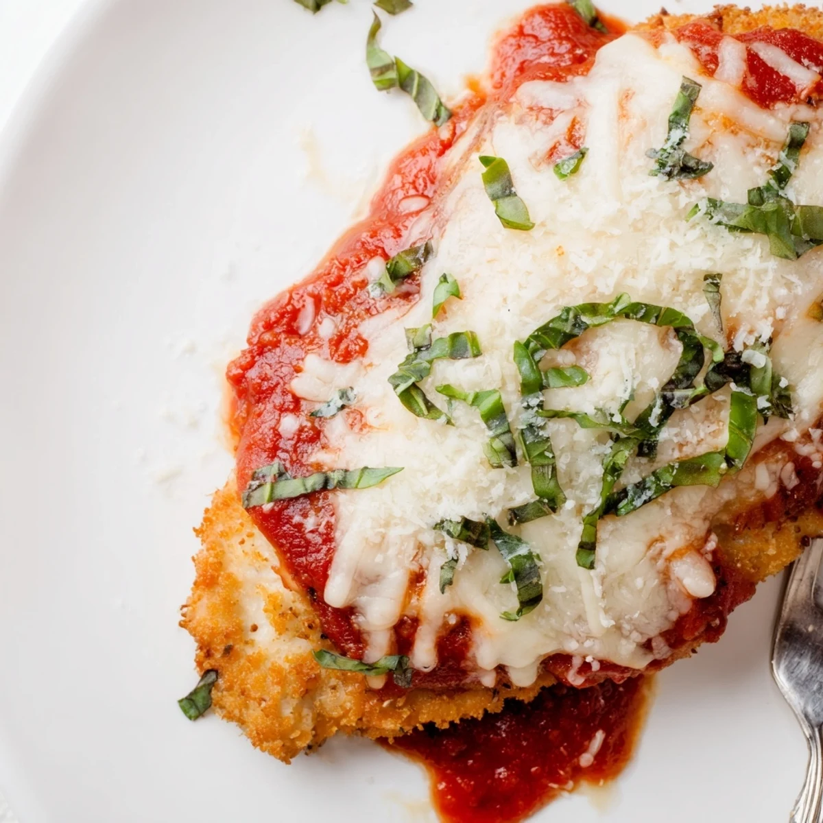 Golden, bubbly mozzarella and Parmesan melt over tender chicken breasts in a rich tomato sauce in this Amazing 15 Minute Keto Chicken Parmesan dish served on a white plate with fresh basil.