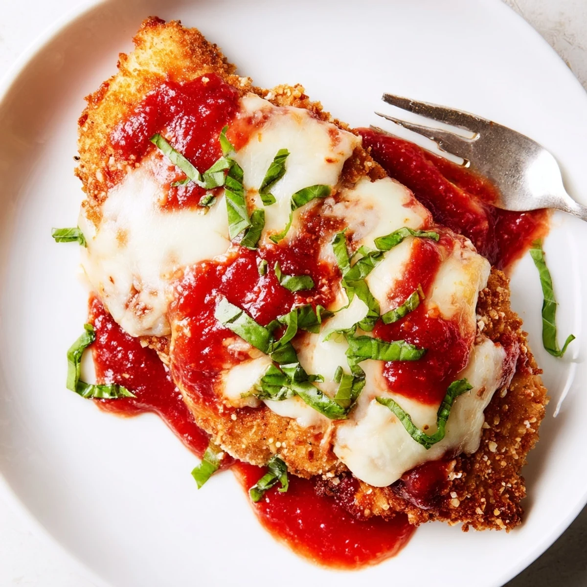 Two servings of Amazing 15 Minute Keto Chicken Parmesan garnished with fresh herbs, plated alongside spiralized zucchini noodles for a healthy, Italian-American dinner inspiration.