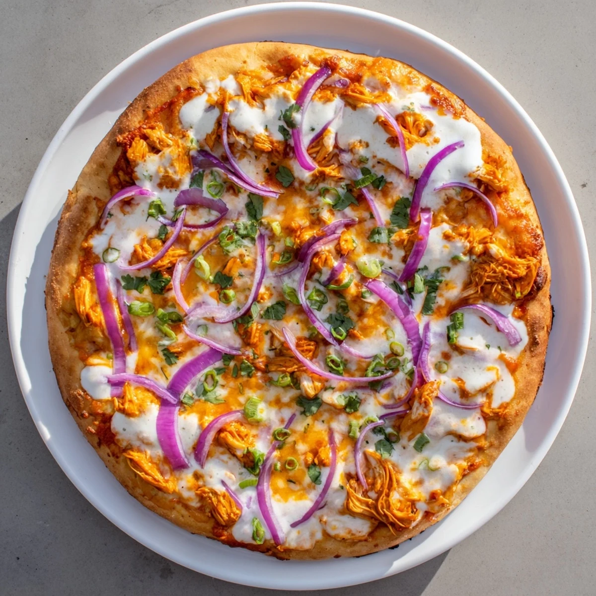A close-up of Bold Buffalo Chicken Pizza shows creamy ranch drizzle and vibrant red onions on a crispy, cheesy slice.