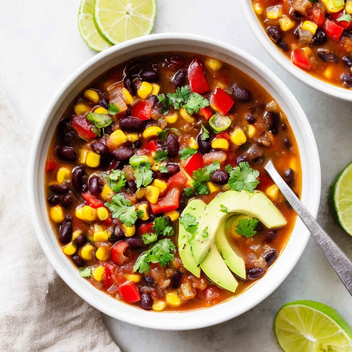 A close-up of Black Bean Corn Chili Lime Delight garnished with creamy avocado and cilantro.