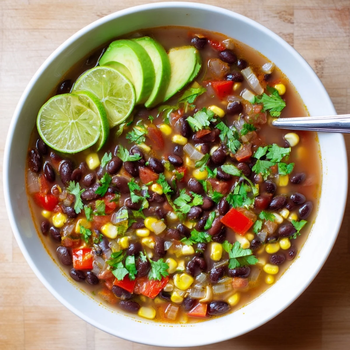Steaming Black Bean Corn Chili Lime Delight in a rustic bowl with lime wedges nearby.
