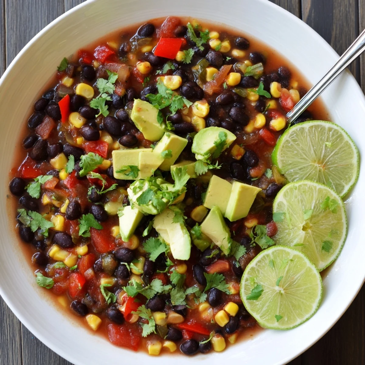 Black Bean Corn Chili Lime Delight served with tortilla chips for dipping on a wooden table.