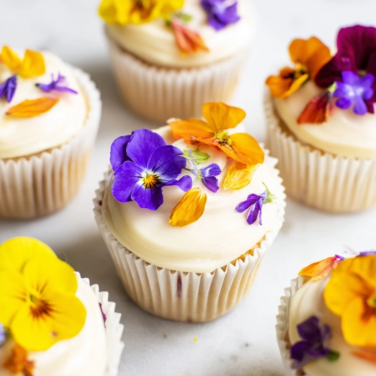Freshly baked Wild Flower Cupcakes garnished with colorful edible petals, ready for an afternoon tea serving suggestion.