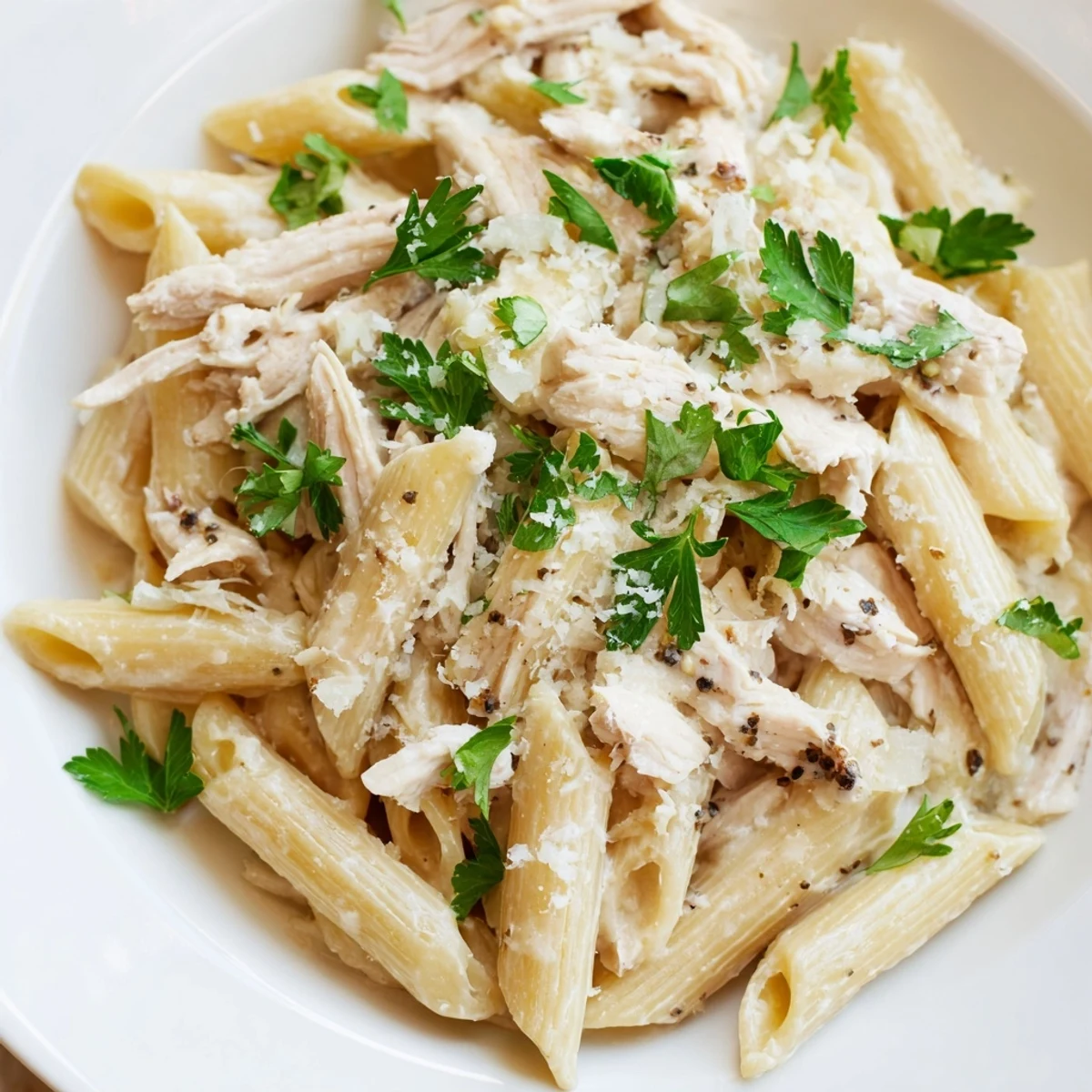 The slow-cooked Crockpot Garlic Parmesan Chicken Pasta features tender shredded chicken coated in a creamy white sauce, served with rotini noodles and fresh parsley garnish.