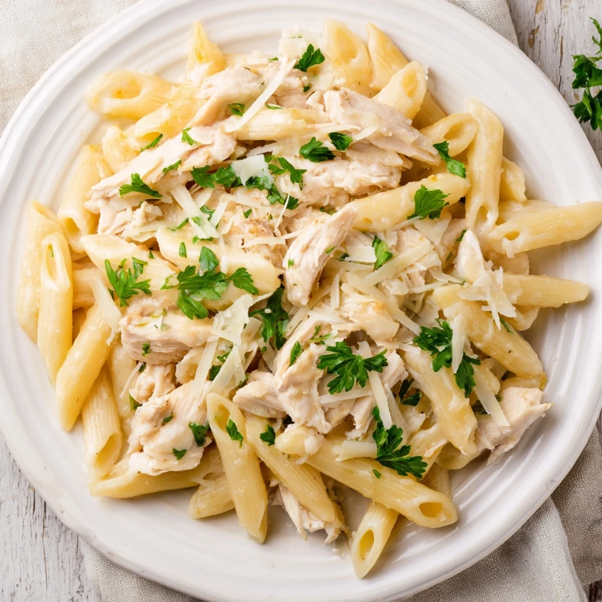 A close-up photo shows the Crockpot Garlic Parmesan Chicken Pasta with melting cream cheese and golden Parmesan, alongside garlic bread and a fresh green salad on the side.