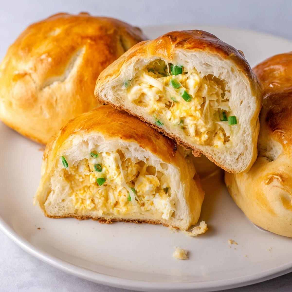 A batch of baked Cheesy Egg and Cheese Piroshki arranged on a plate, ideal for a savory Eastern European snack.