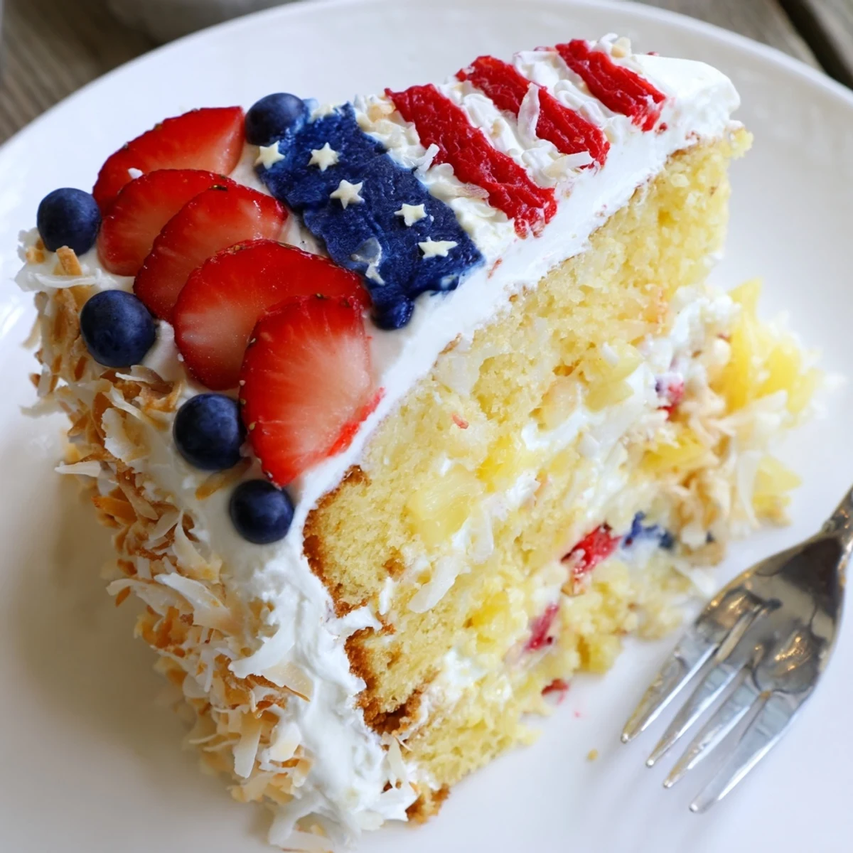 Sliced Pineapple Coconut God Bless America Cake revealing tropical coconut and juicy pineapple filling.