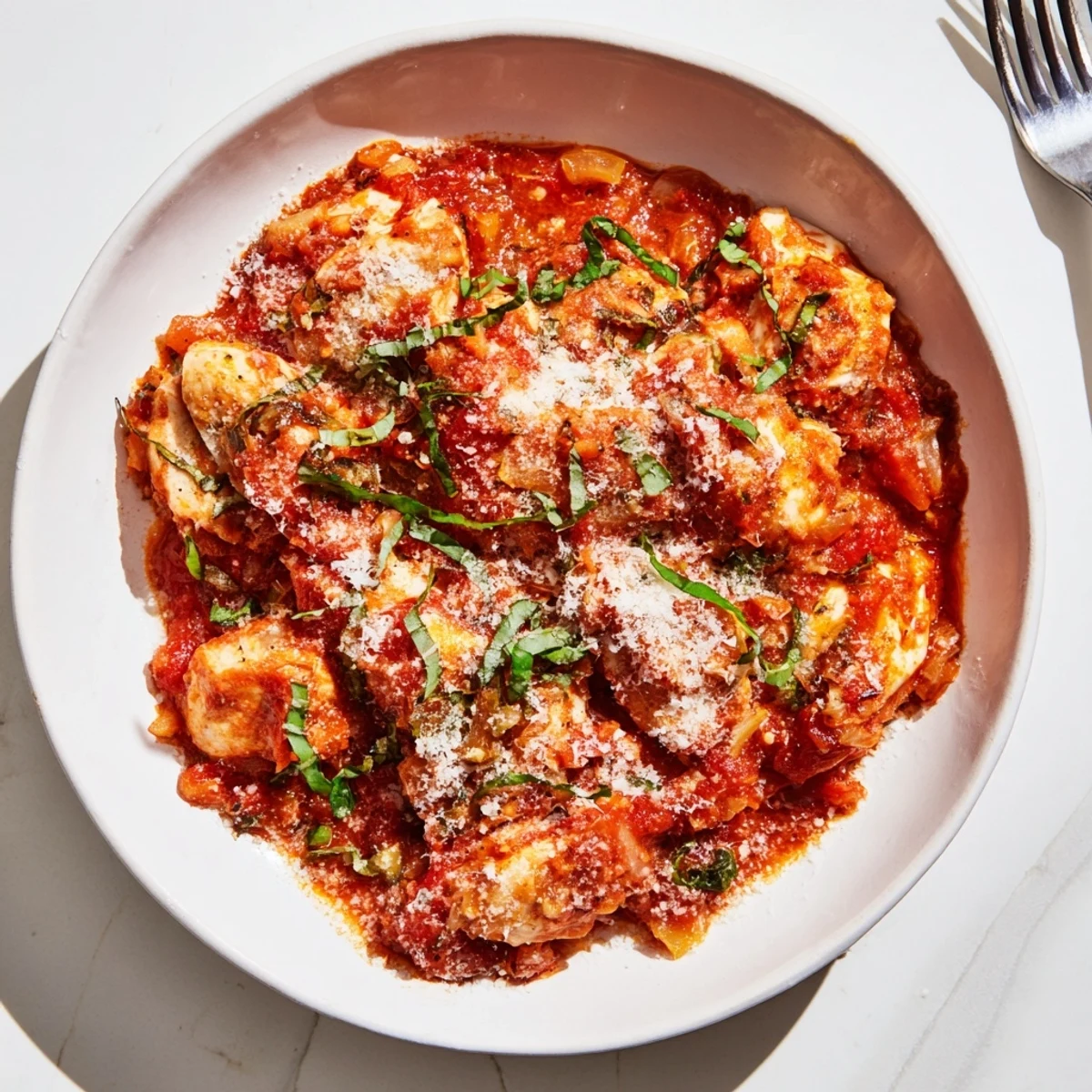 Tender Slow Cooker Tomato Basil Chicken in a rich, creamy red sauce, garnished with fresh basil leaves.