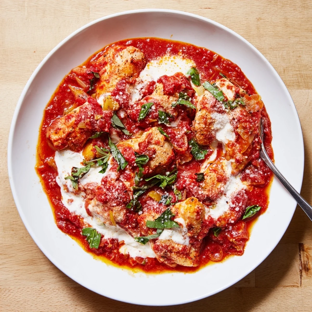 Serving suggestion for Slow Cooker Tomato Basil Chicken over pasta, with melted Parmesan and crusty bread.