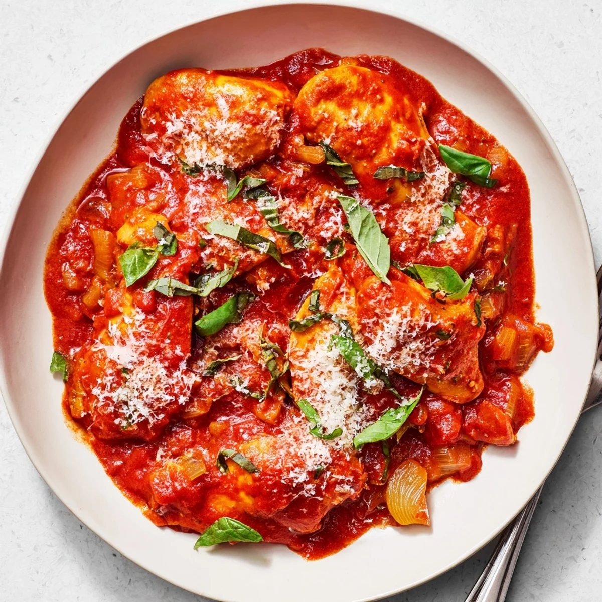 Slow Cooker Tomato Basil Chicken with juicy breasts, garlic, and herbs, steaming in a ceramic slow cooker.