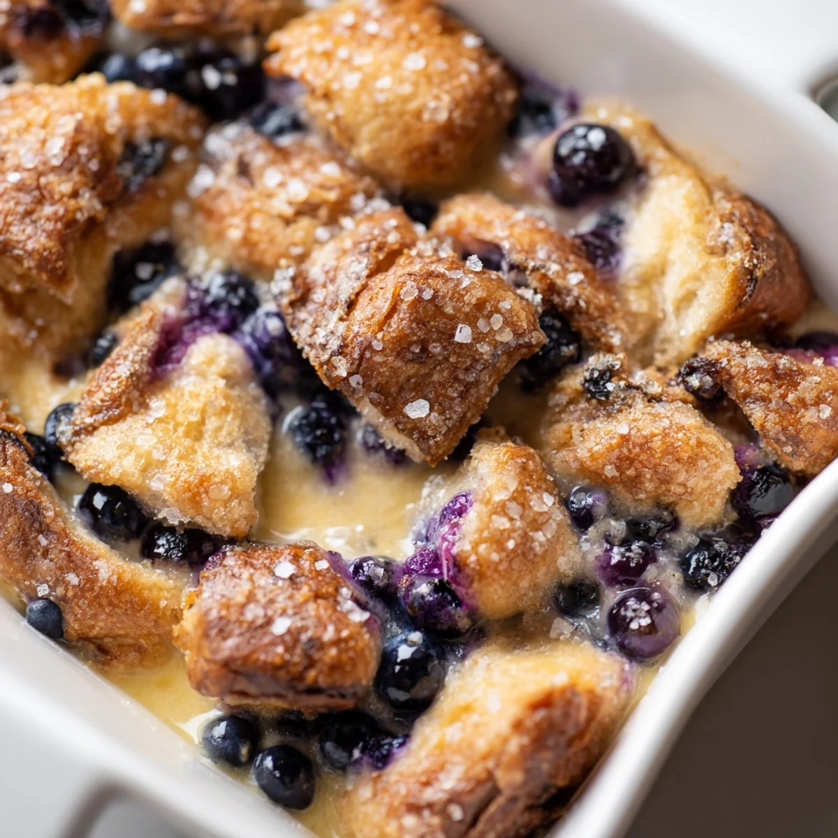 Golden-brown Blueberry Cream Cheese Croissant Casserole fresh from the oven, topped with coarse sugar and fresh berries.