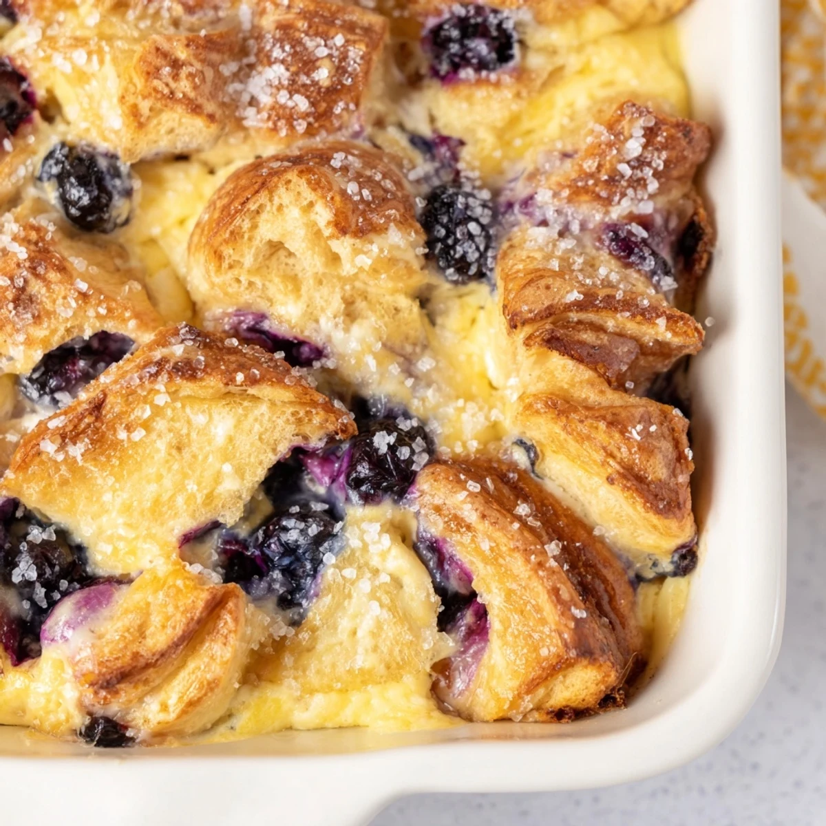 Warm slices of Blueberry Cream Cheese Croissant Casserole served on plates, perfect for a sweet brunch or holiday breakfast.