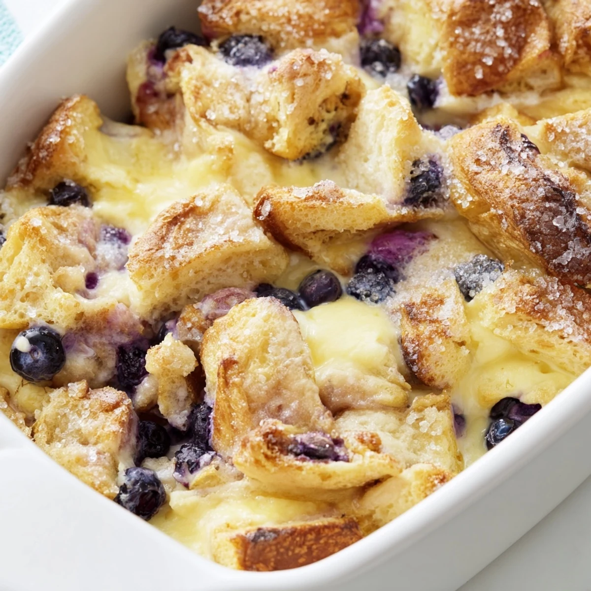 A close-up of Blueberry Cream Cheese Croissant Casserole with creamy filling and vibrant blueberries nestled in flaky layers.