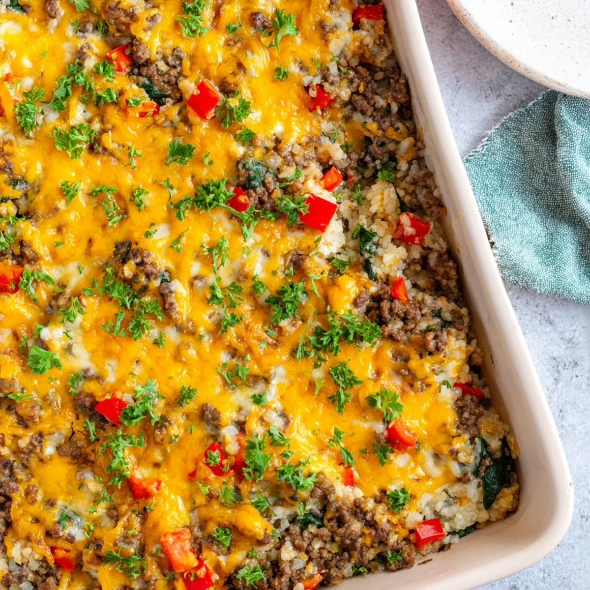 Cauliflower Rice Ground Beef Casserole in a white baking dish with bubbly golden cheese topping and fresh parsley garnish.