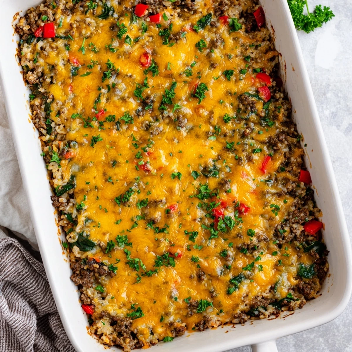 Ground Beef Casserole with Cauliflower Rice served warm with a dollop of sour cream and a side salad on a marble counter.