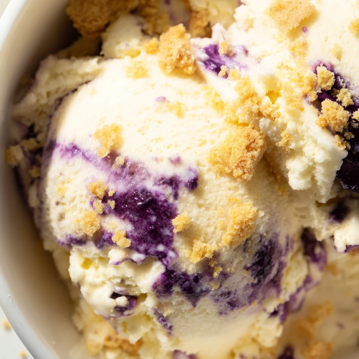 Savor the creamy swirl of Lemon Blueberry Cheesecake Ice Cream served in a waffle cone on a sunny patio.