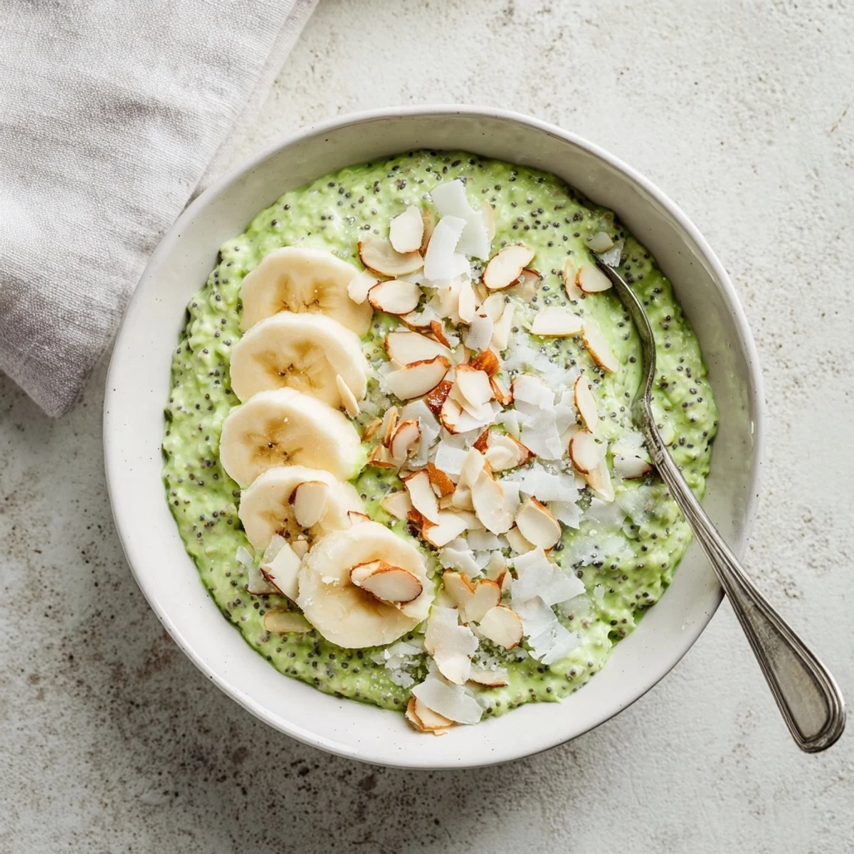 Thick matcha green oats topped with fresh berries and sliced banana in a clear jar.  