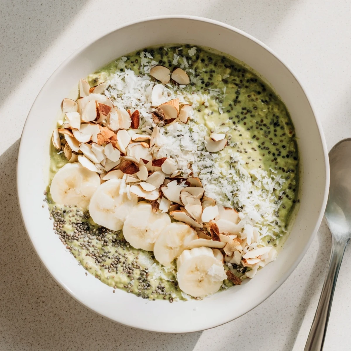 Vibrant green overnight oats with almond milk and maple syrup served in a glass jar.