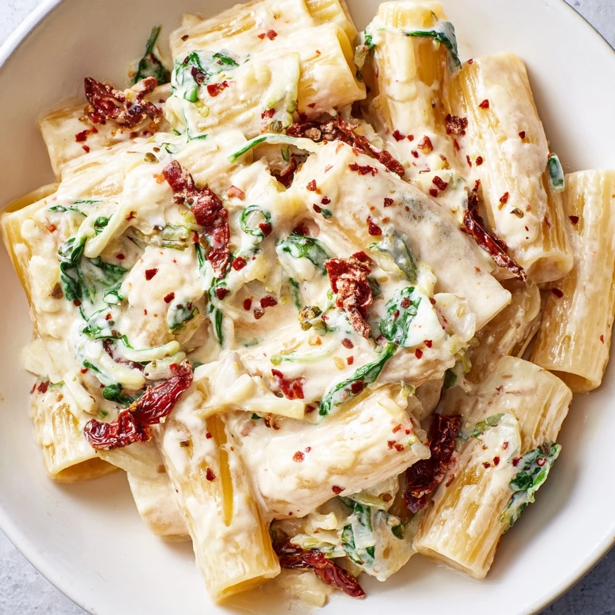 Creamy Tuscan Garlic Sauce in a white bowl with garlic, spinach, and a spoon ready to serve.