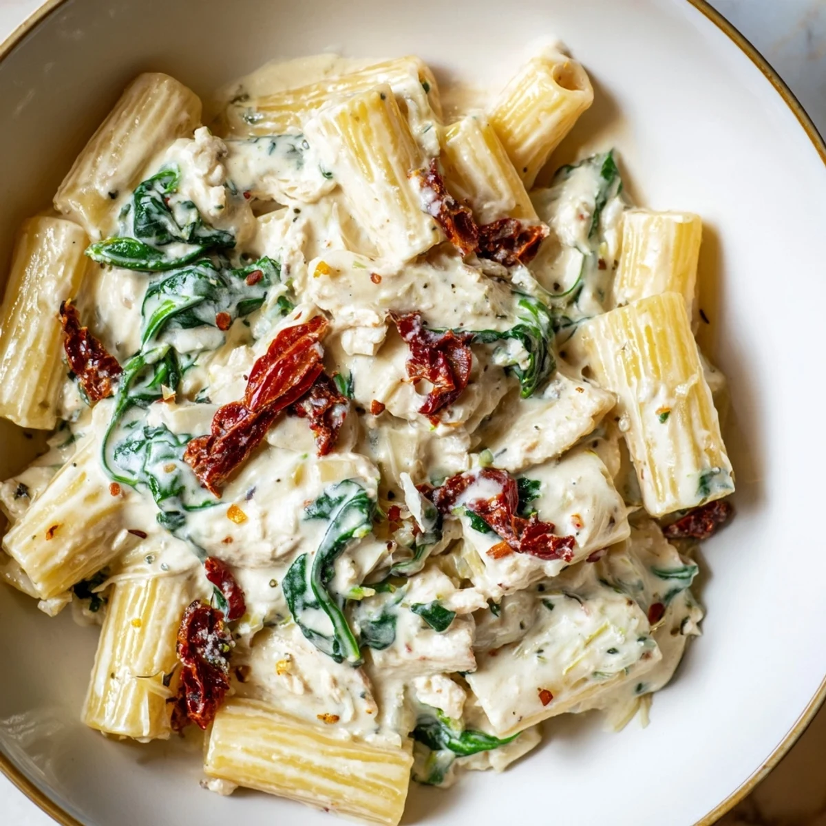 A bowl of Creamy Tuscan Garlic Sauce with wilted spinach and sun-dried tomatoes, perfect for pasta.
