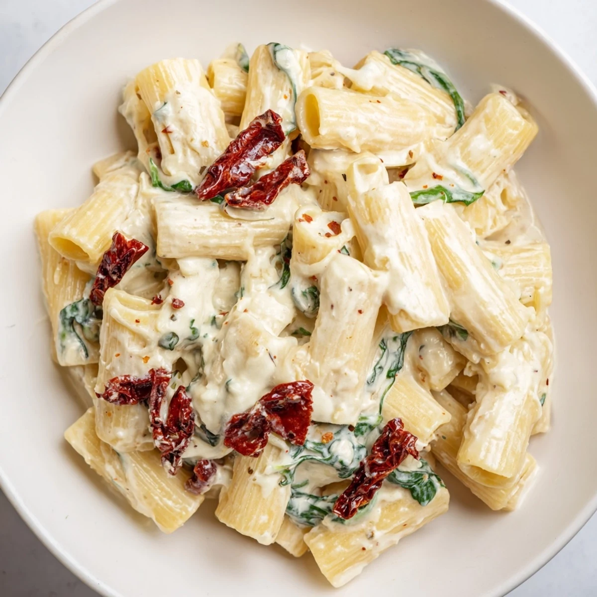 Rich Creamy Tuscan Garlic Sauce over penne, garnished with Parmesan and herbs, for an Italian dinner.
