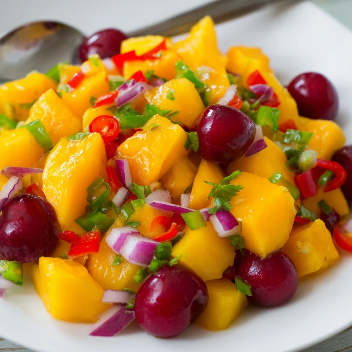 A bowl of Healthy Peach Cherry Salsa with diced peaches, cherries, and red onion glistening with lime juice.